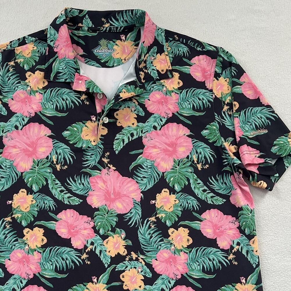 Chubbies Men Black Pink Hibiscus Floral Tropical Print Performance Polo Shirt M